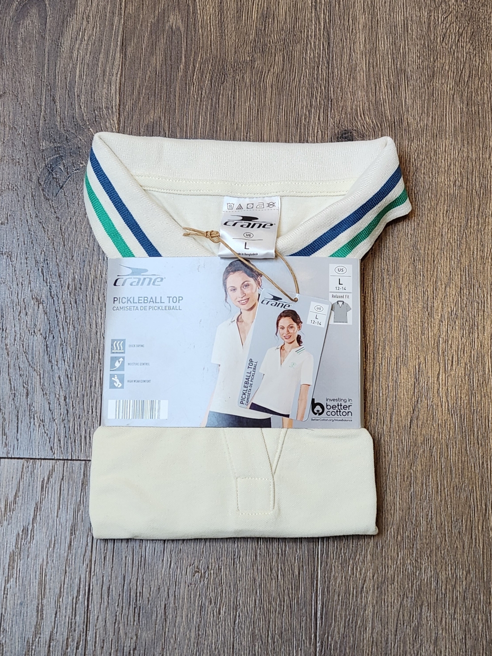 NWT Crane Pickleball Polo Top in Cream with Blue & Green Trim - Large